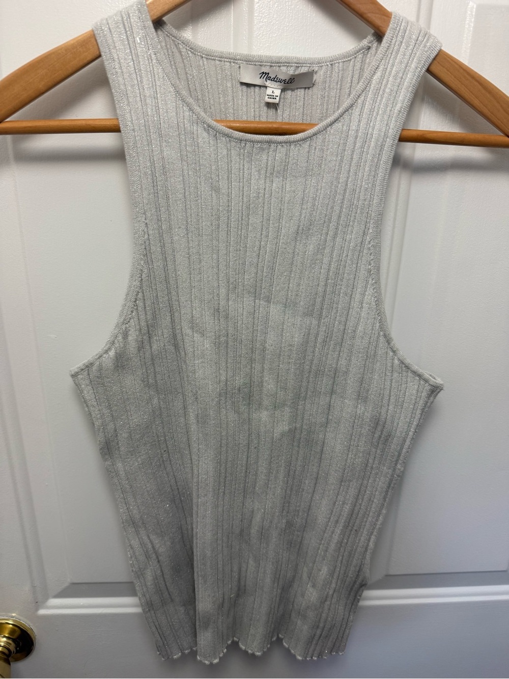 Madewell Sz L Shimmer Knit Cutaway Sweater Tank Top Silver Metallic Ribbed NWT